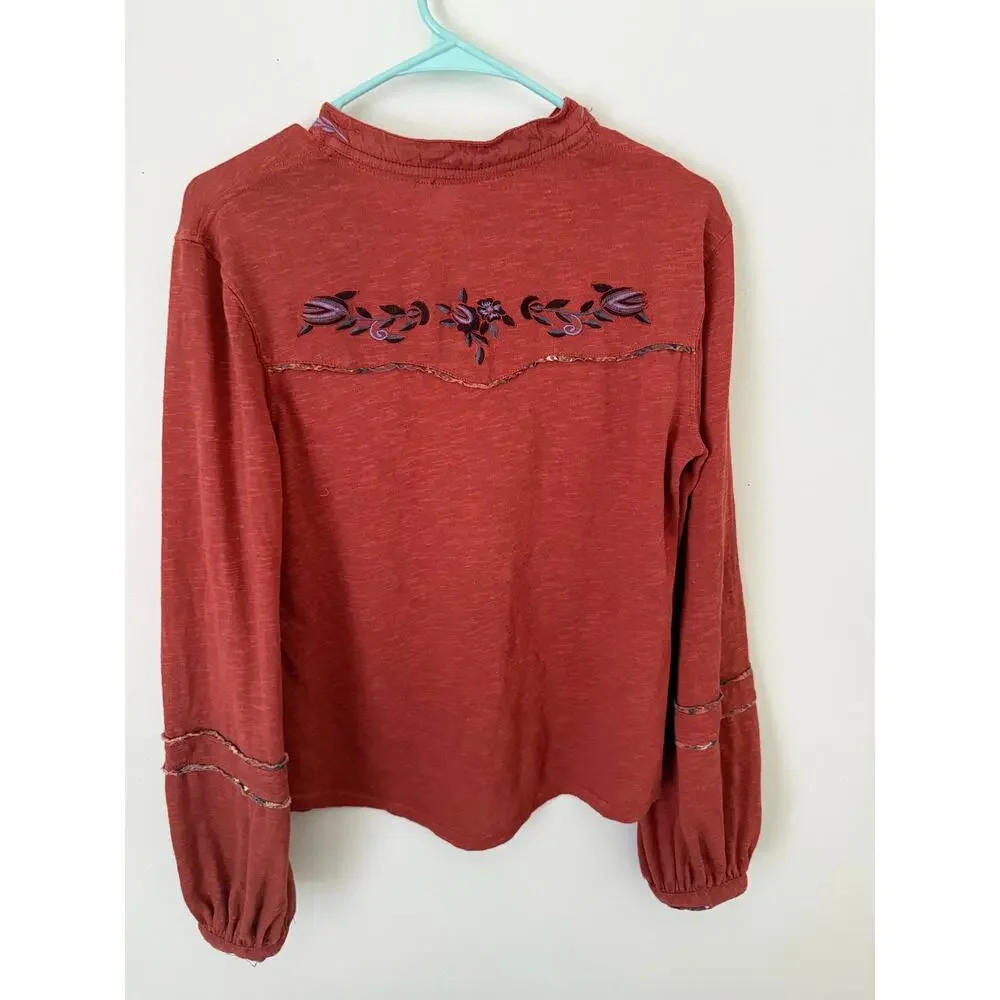 Free People | Burnt Orange Western Fall Chic Bohemian Sundance Kid Henley Top